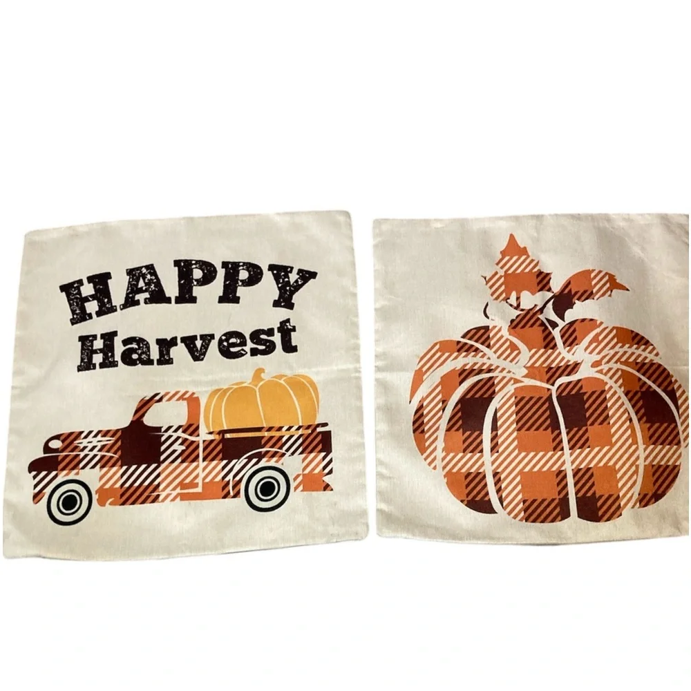 Fall Pillow Covers Happy Harvest Plaid Pumpkin 17” x 17” Farmhouse Lot of 2